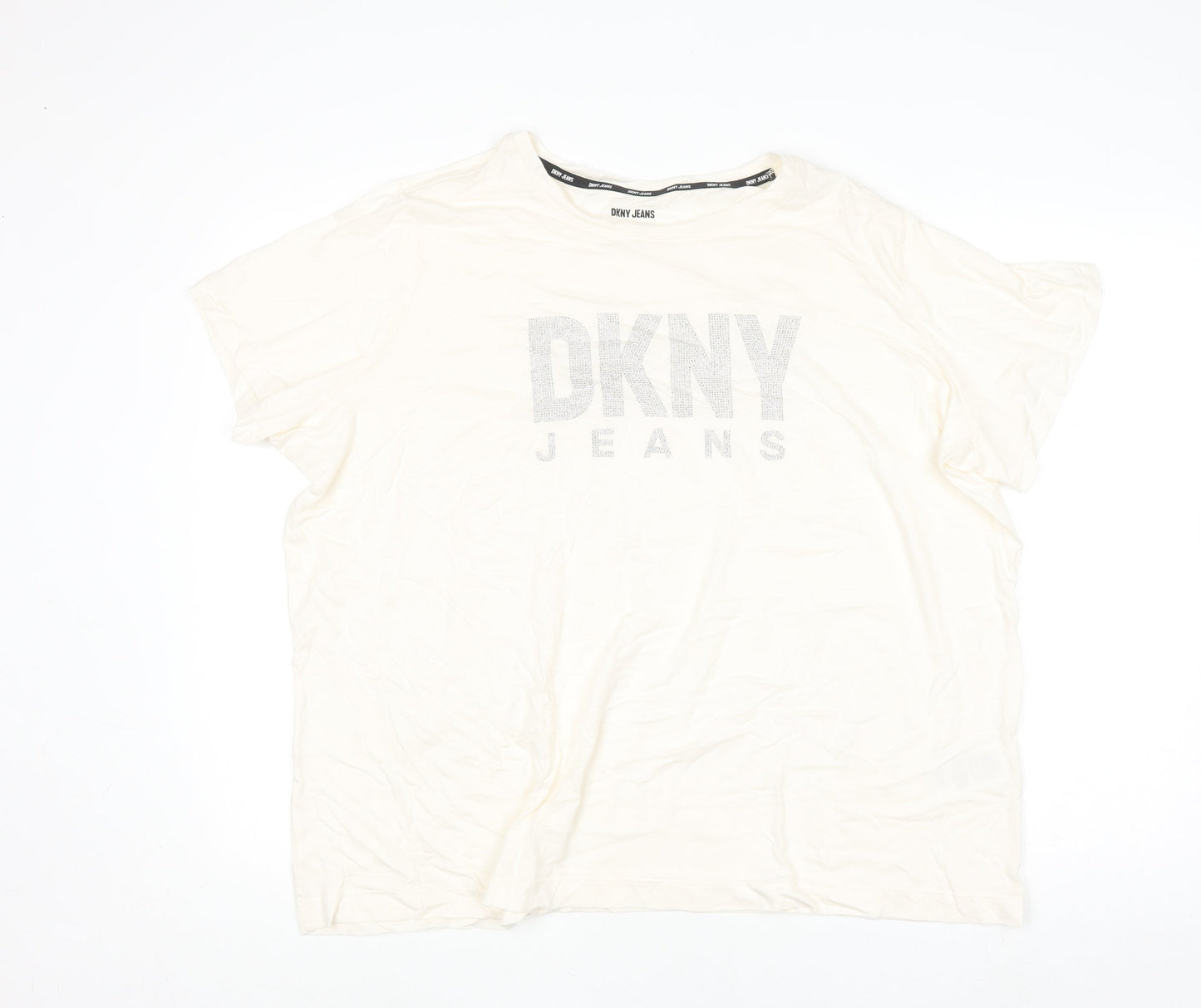 DKNY Jeans Women's Ivory Beaded Logo Cotton Modal T-Shirt Size 18 Plus