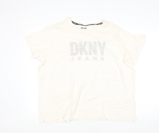 DKNY Jeans Women's Ivory Beaded Logo Cotton Modal T-Shirt Size 18 Plus
