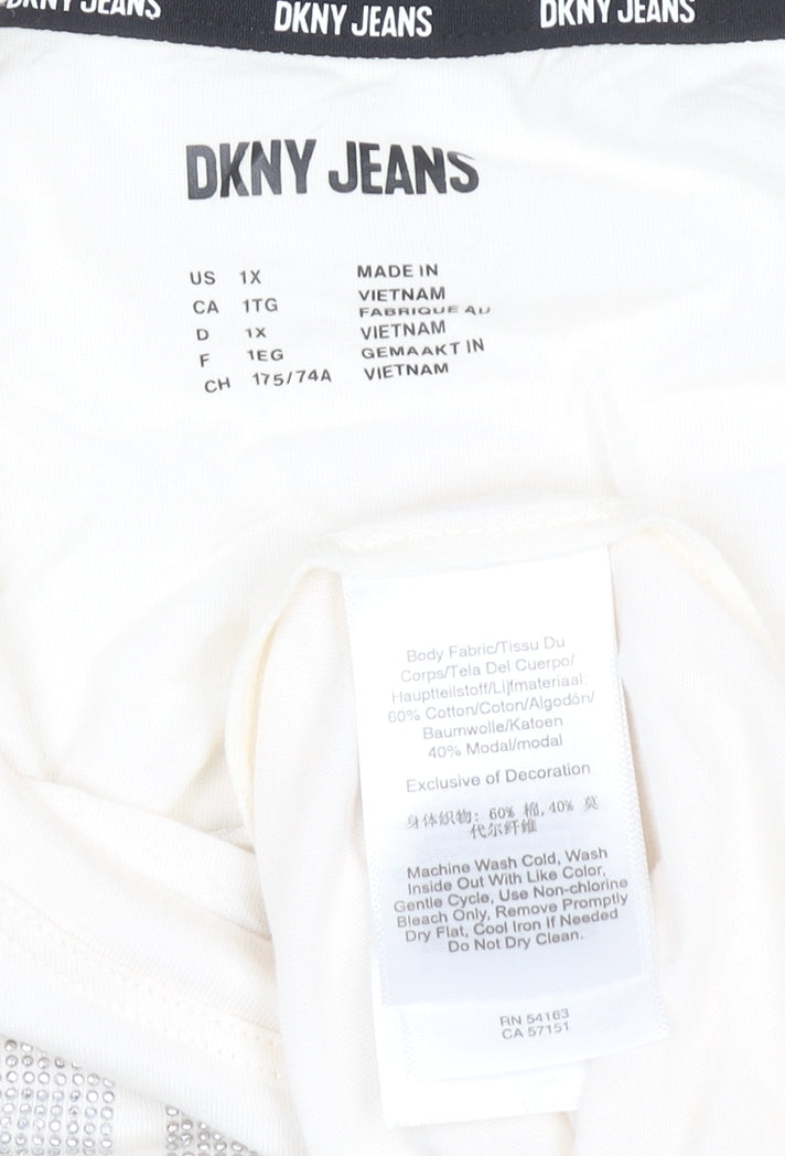 DKNY Jeans Women's Ivory Beaded Logo Cotton Modal T-Shirt Size 18 Plus