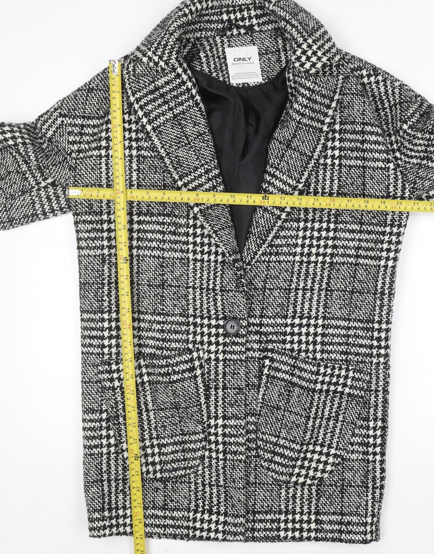 ONLY Women's Black Check Tweed Overcoat Size S Classic Mid-Length Coat