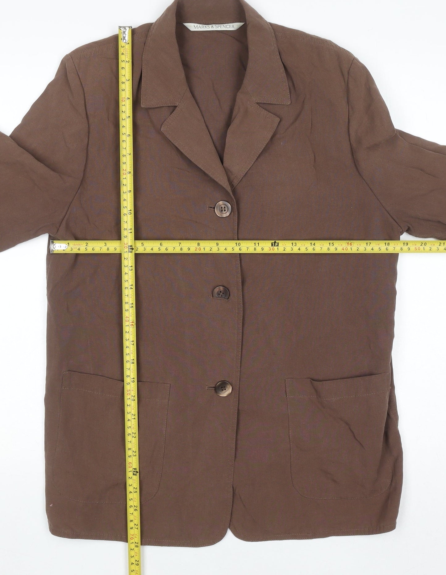 Marks and Spencer Women Brown Petite Fit Linen Blend Blazer UK 12