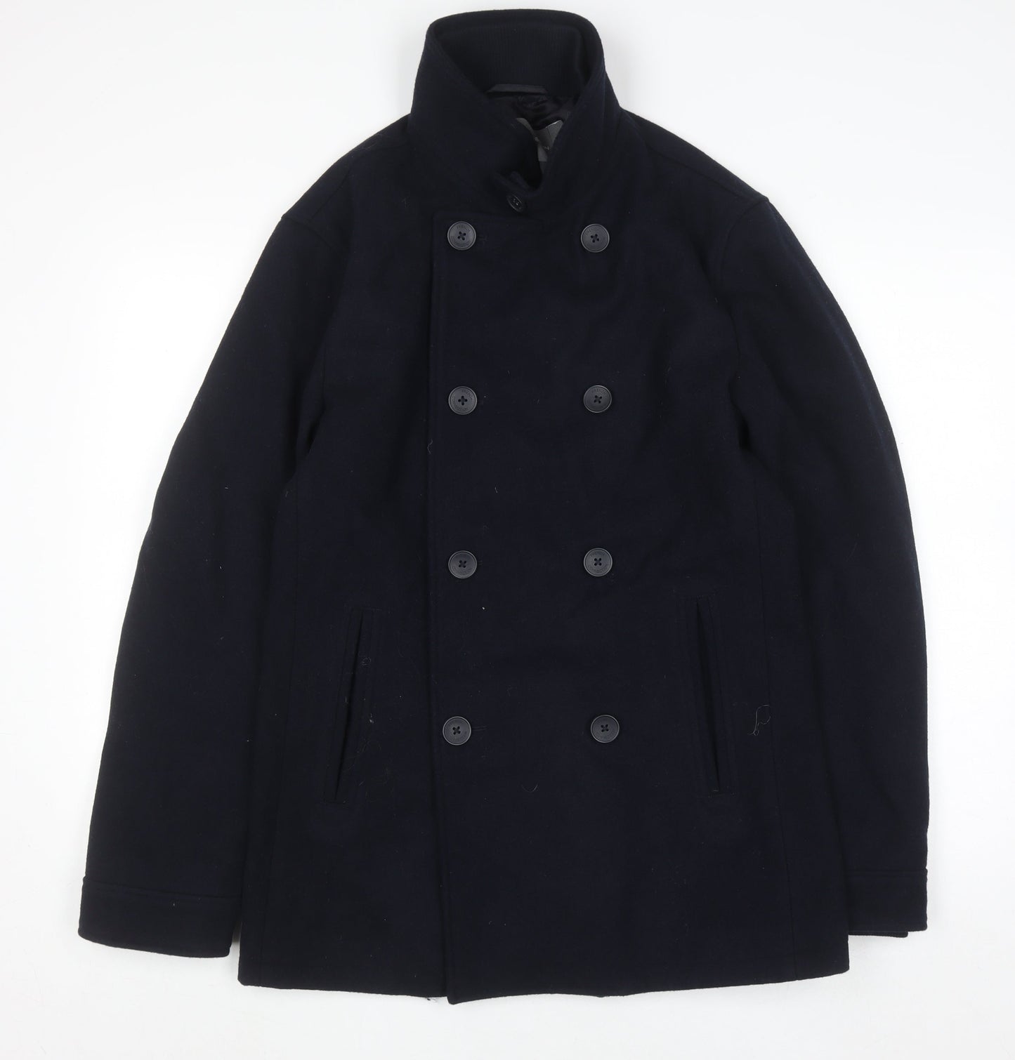French Connection Men's Black Wool Pea Coat Jacket Size S Winter Smart
