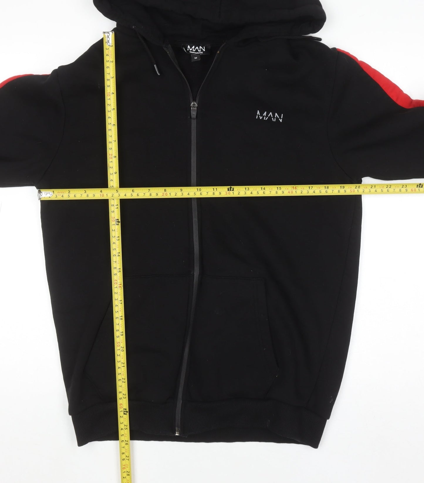 boohooMAN Men's Black Full Zip Hoodie Size M with Red Stripe Detail