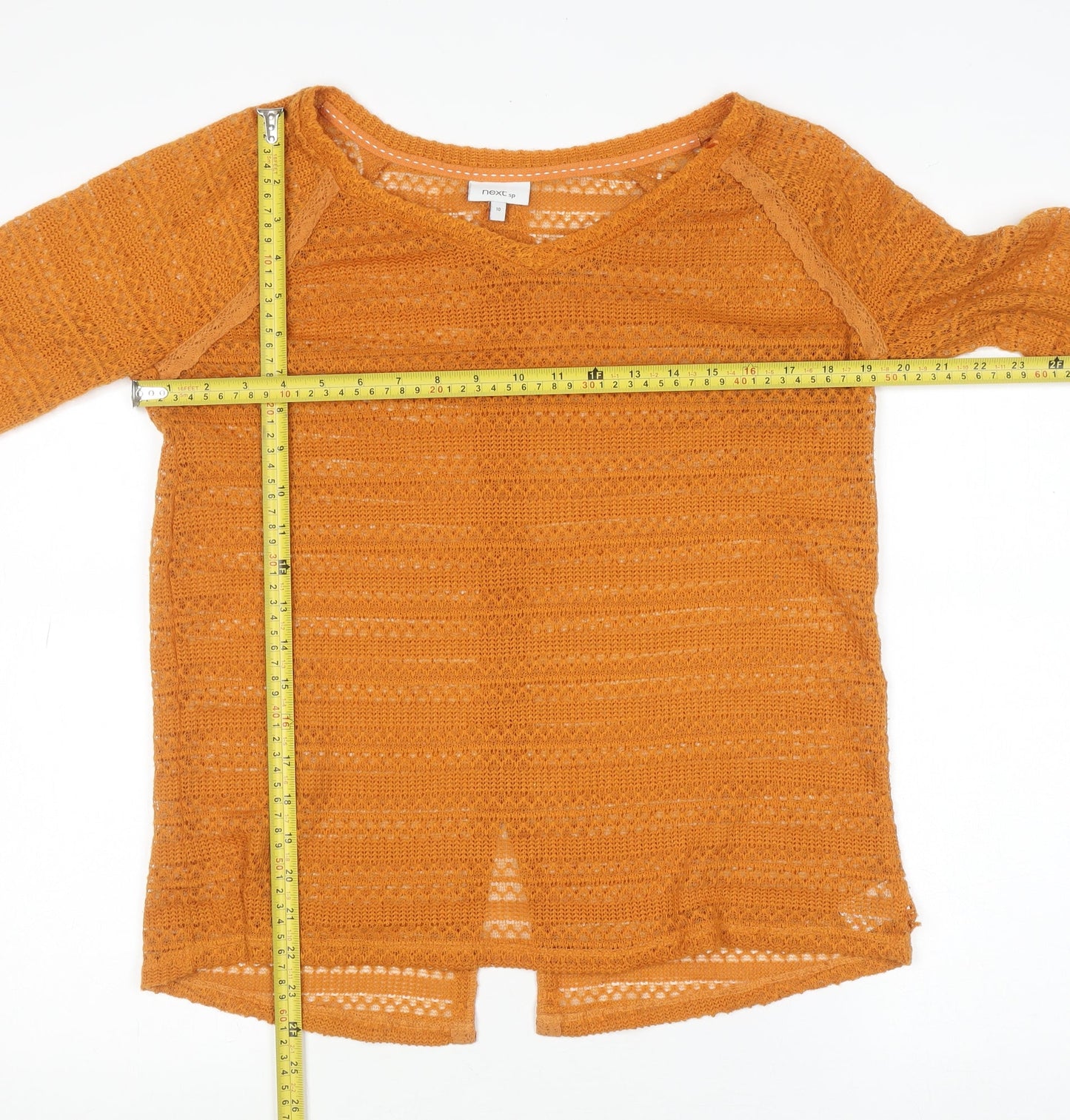 Next Womens Orange V-Neck Open-Knit Pullover Jumper Size 10