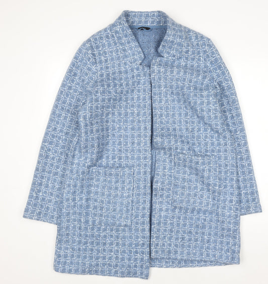 M&Co Women Blue Check Knit Coatigan Size 16 Open Mid-Length Jacket
