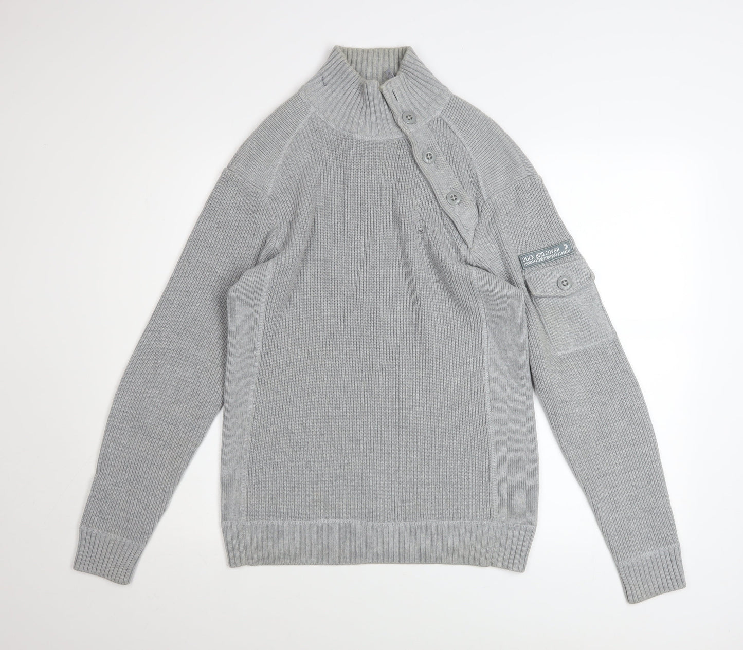 Duck and Cover Mens Grey High Neck Button Pullover Jumper L