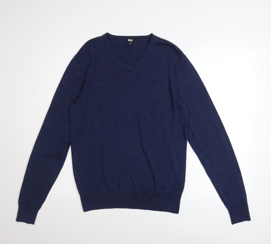 Uniqlo Men Blue Wool V-Neck Long Sleeve Pullover Jumper Size S