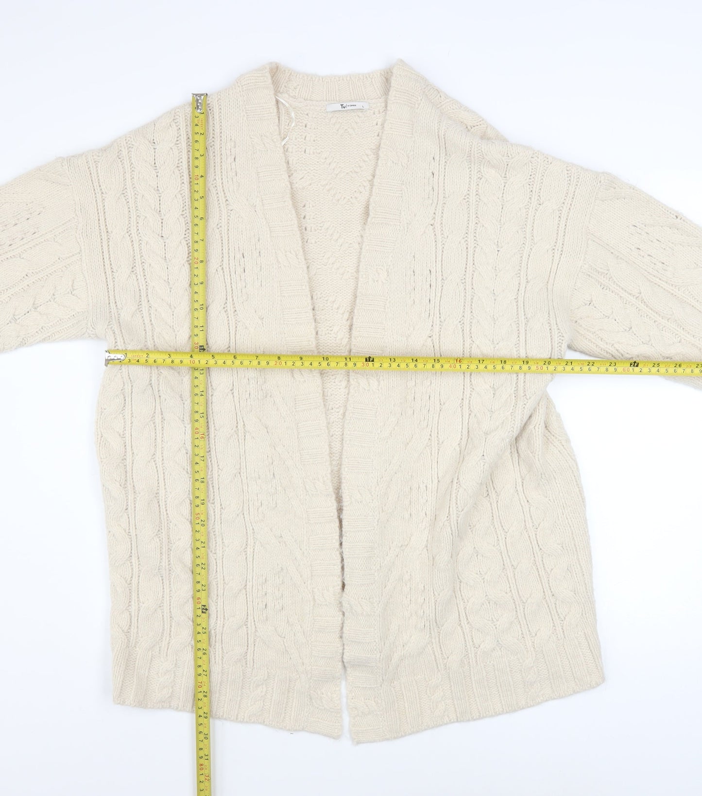 Tu Women Ivory Cable Knit Long Sleeve Open Cardigan L