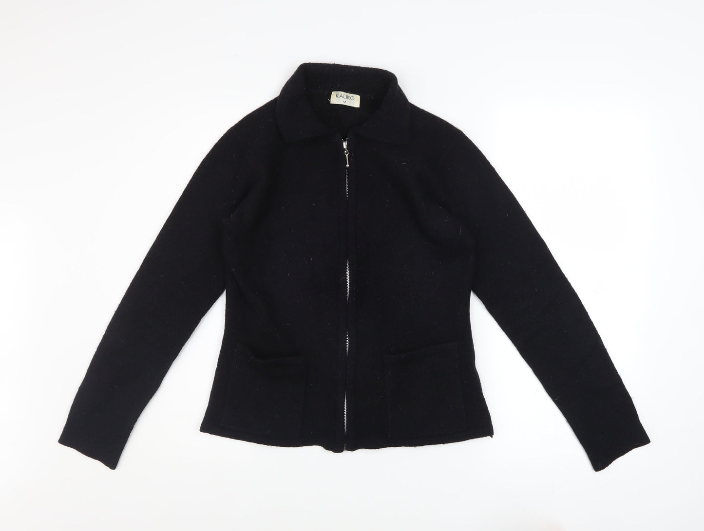 Kaliko Womens Black Wool Blend Zip Jacket Size 12 Classic Knit