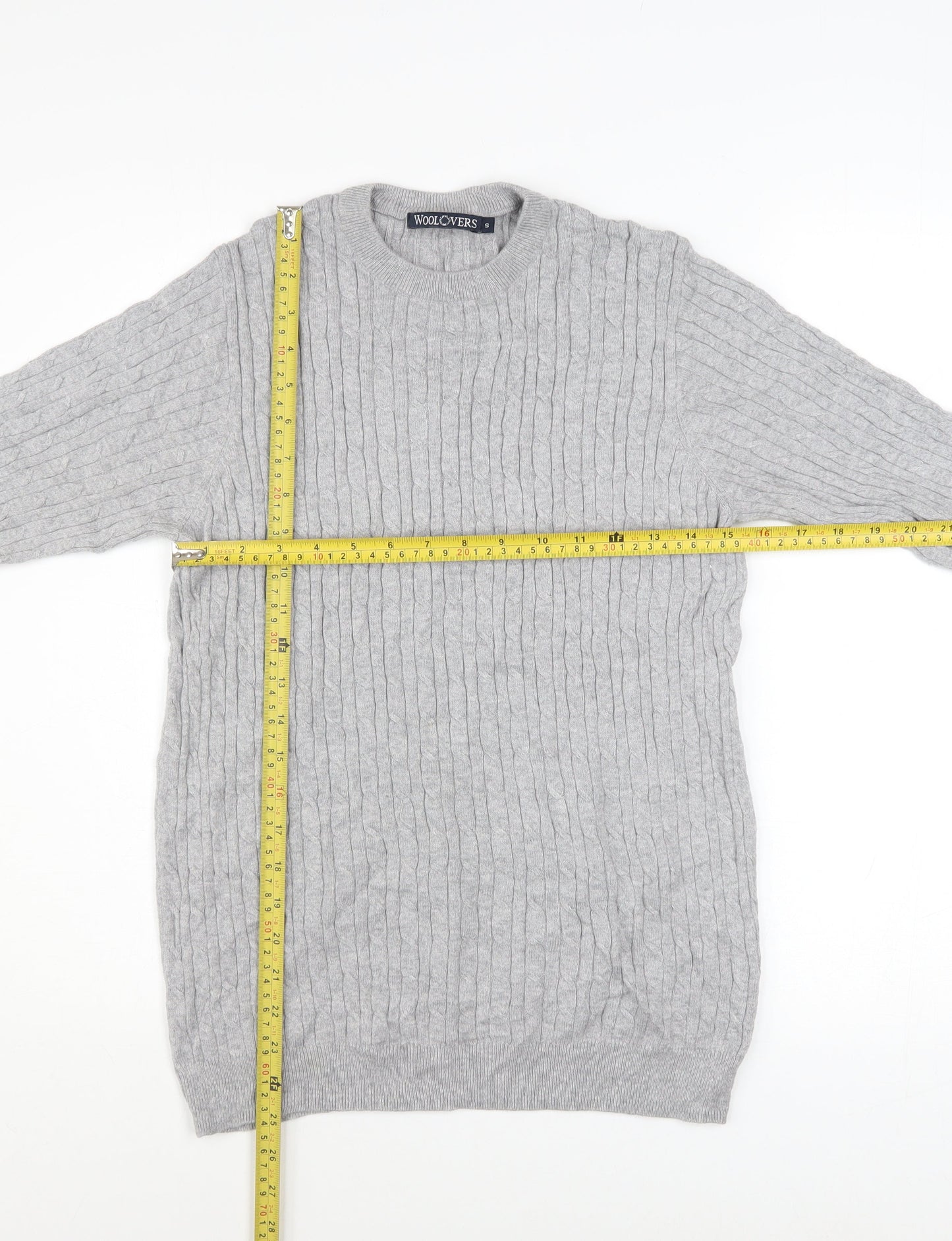 WoolOvers Mens Grey Cable-Knit Cotton Cashmere Jumper Size S