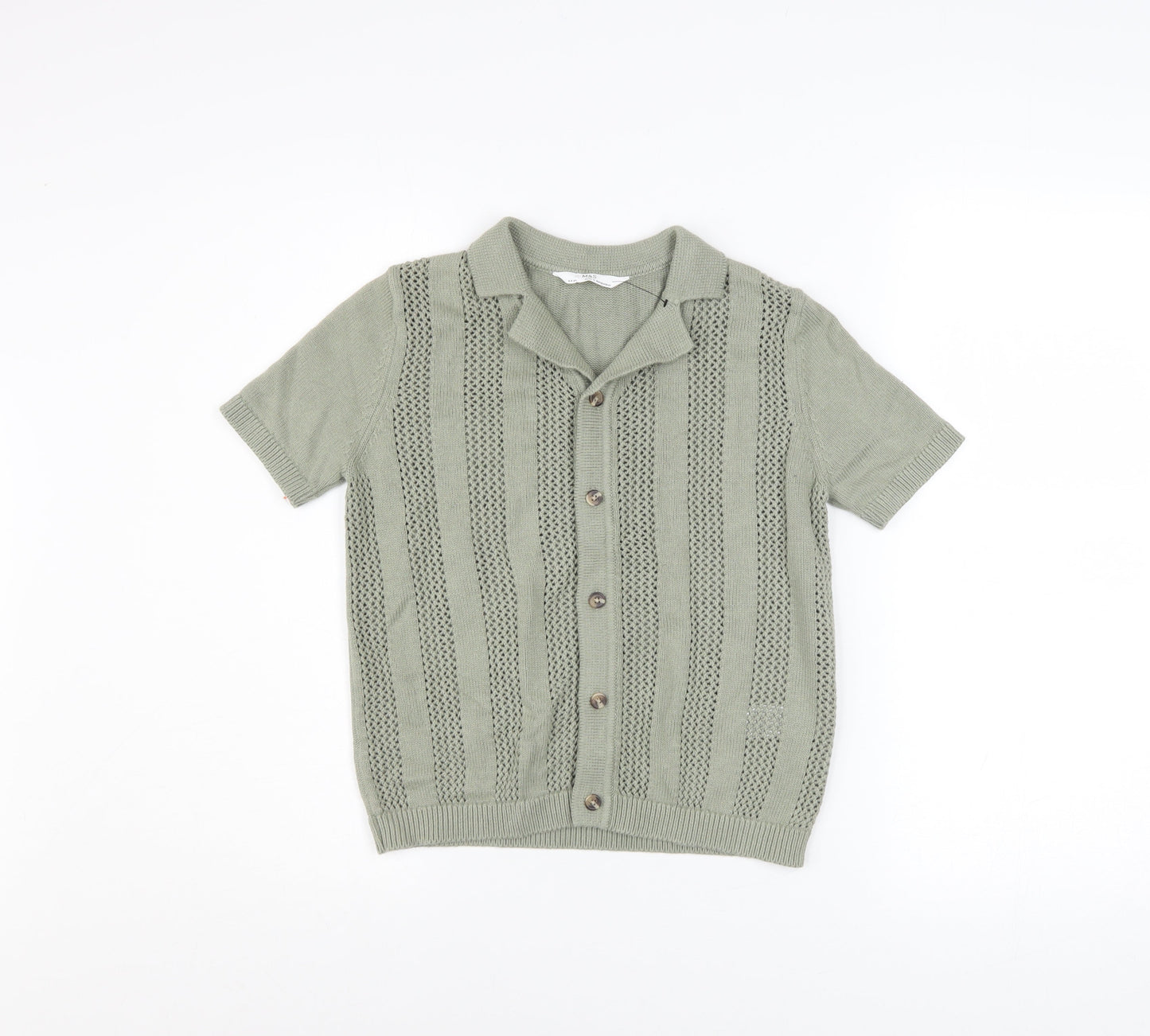 Marks and Spencer Boys Green 8-9 Years Cotton Button-Up Knit Shirt