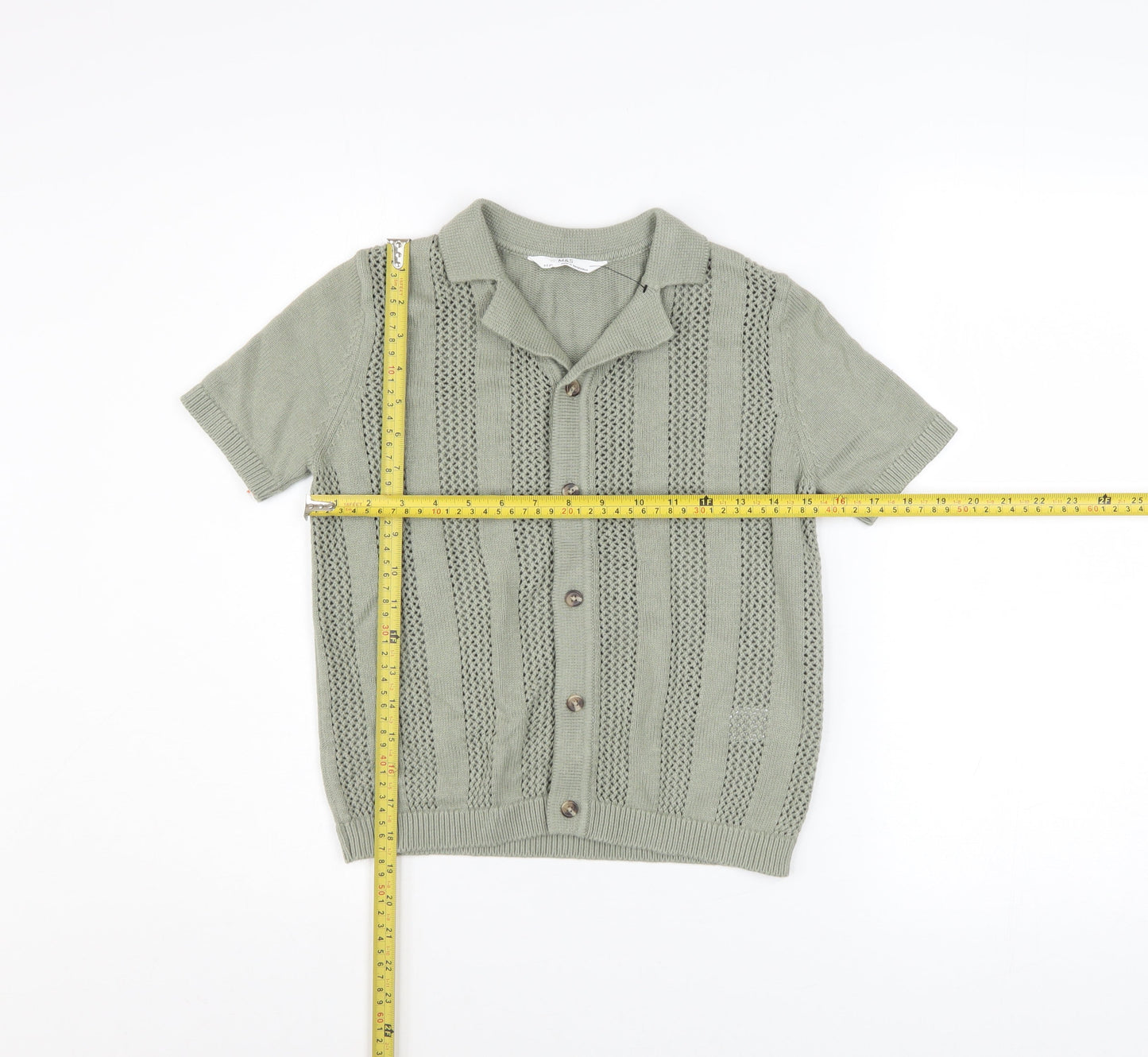 Marks and Spencer Boys Green 8-9 Years Cotton Button-Up Knit Shirt