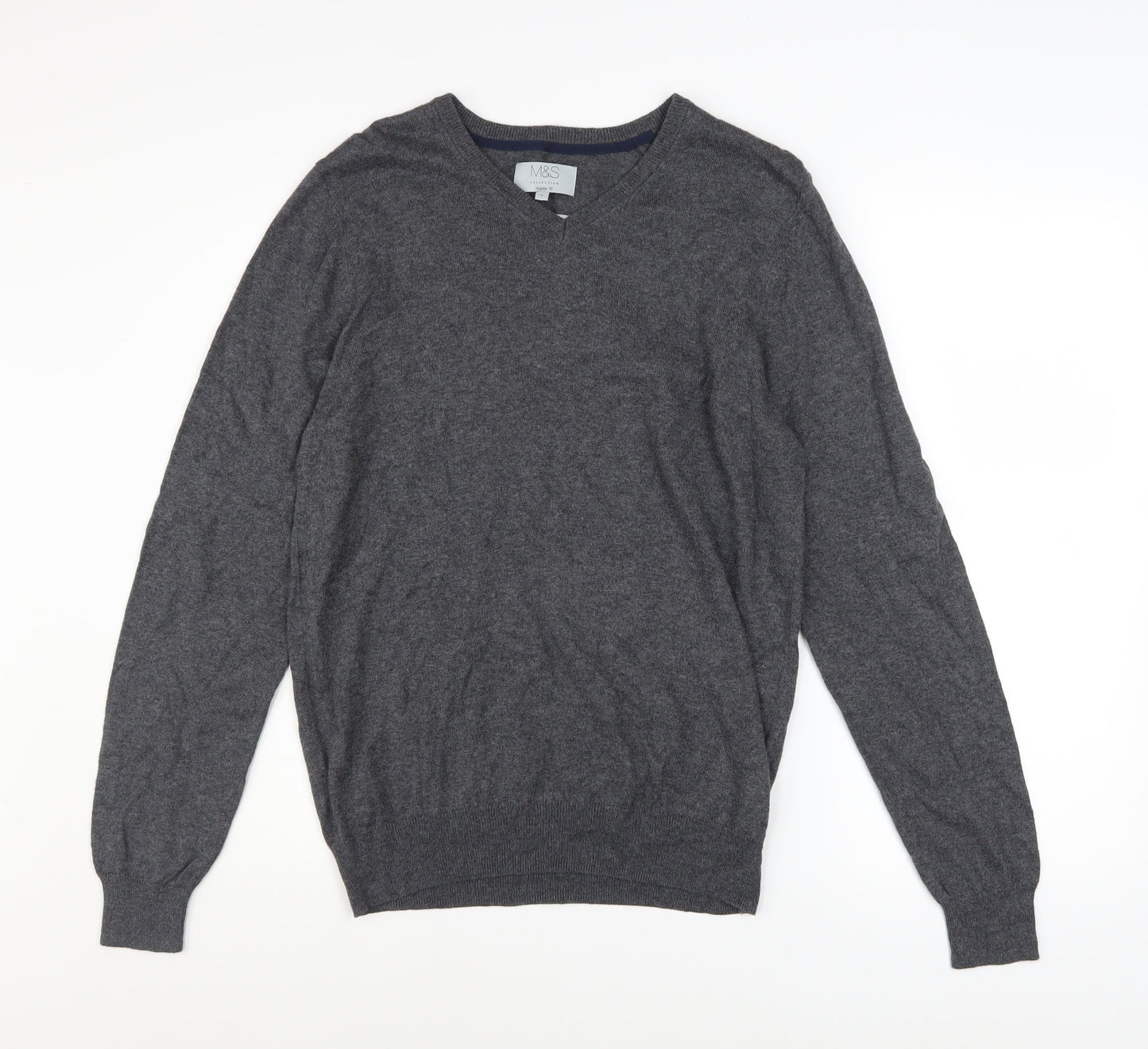 Marks and Spencer Men’s Grey V-Neck Cotton Blend Pullover Jumper S