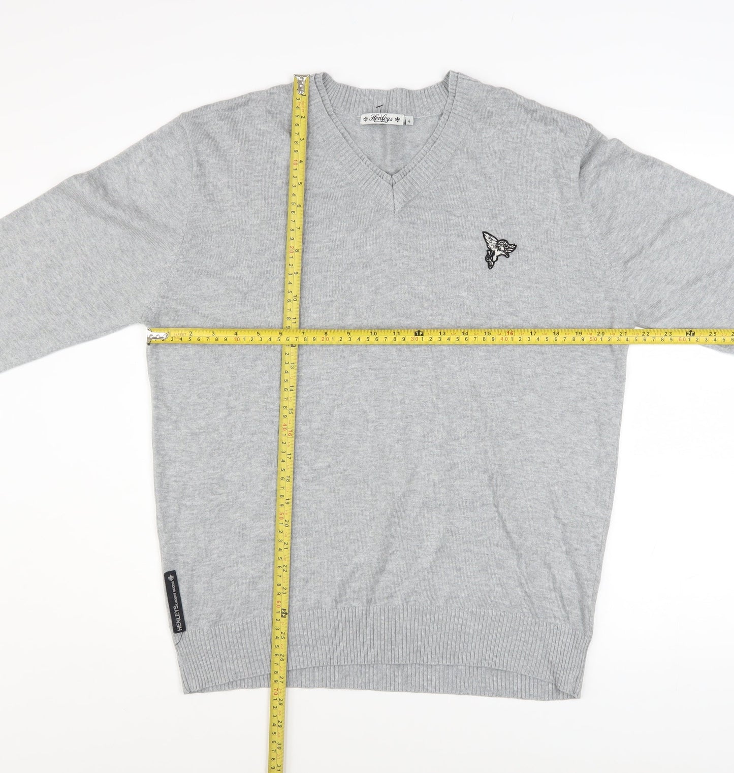 Henleys Men's Grey V-Neck Cotton Blend Pullover Jumper Size L