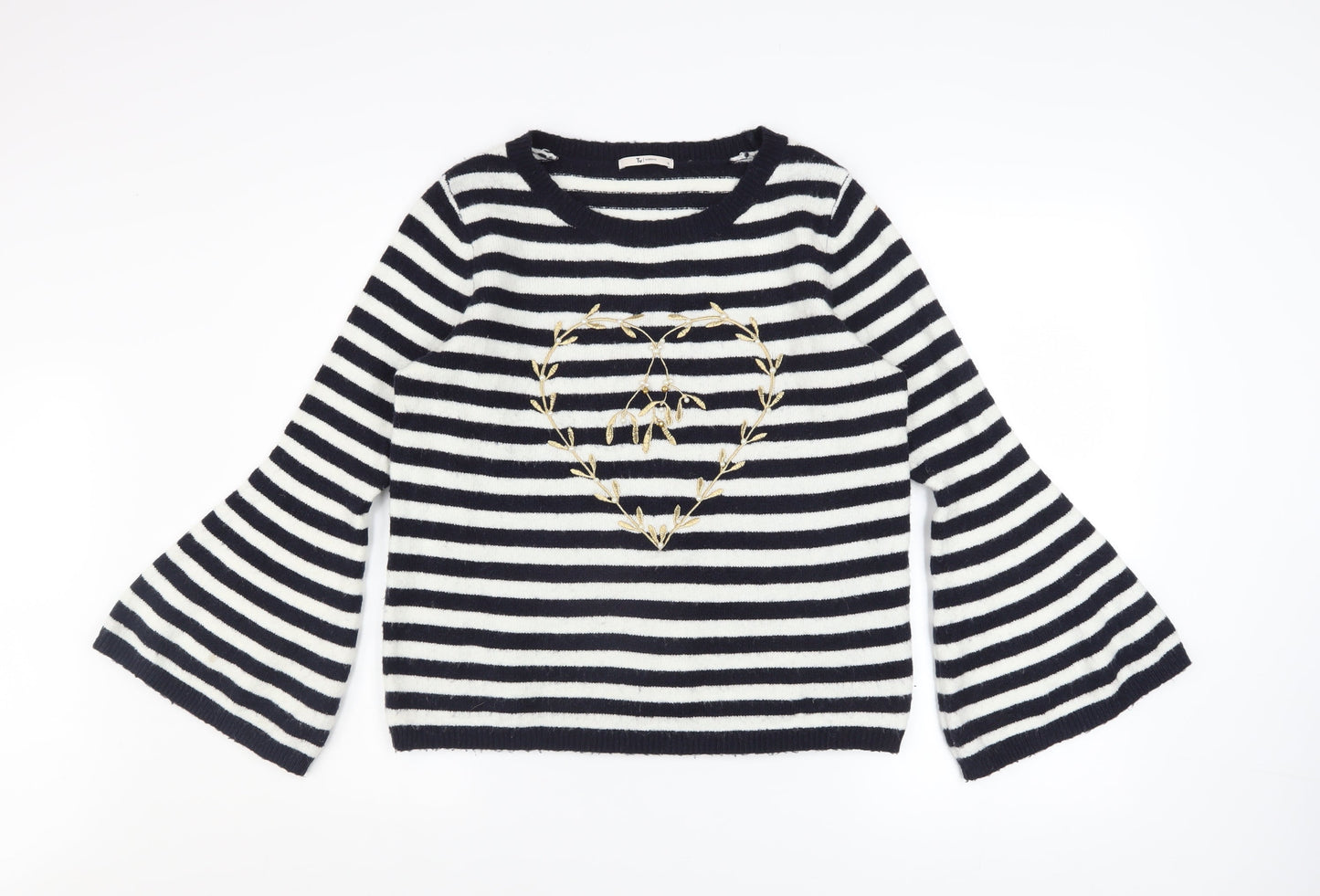 Tu Women’s Black Striped Embroidered Heart Flared Sleeve Jumper Size 12