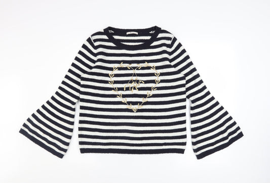 Tu Women’s Black Striped Embroidered Heart Flared Sleeve Jumper Size 12