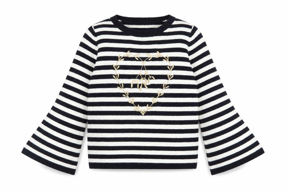 Tu Women’s Black Striped Embroidered Heart Flared Sleeve Jumper Size 12