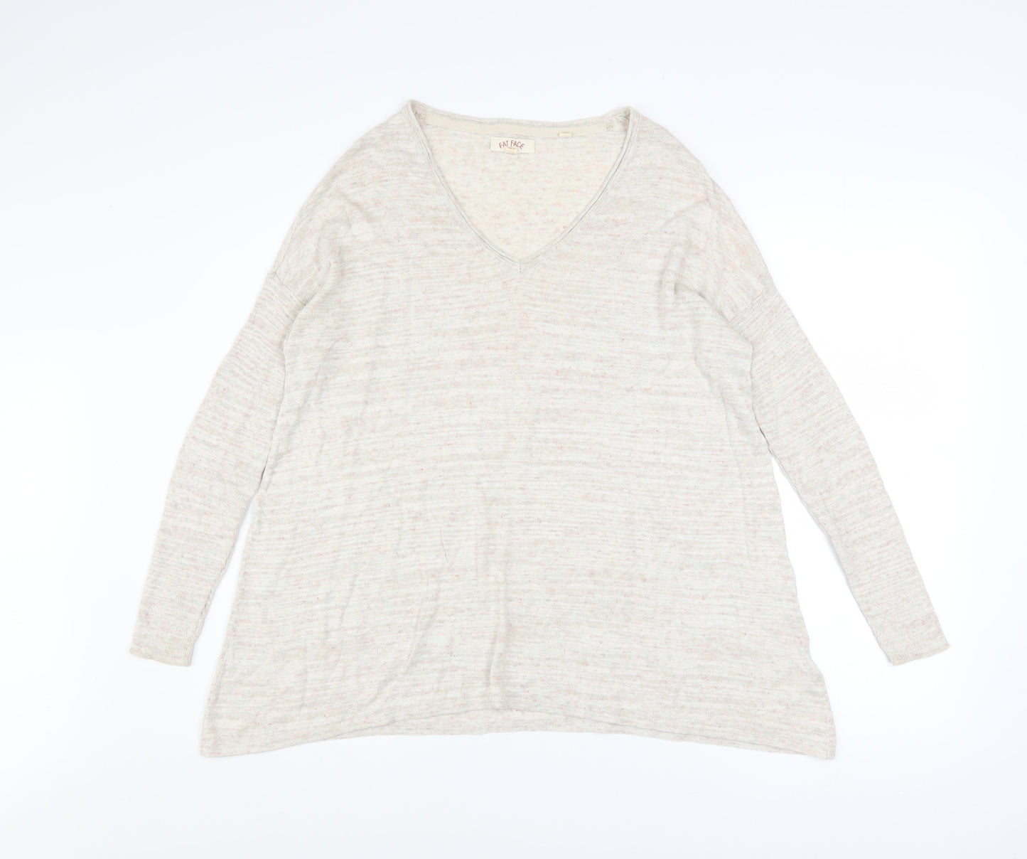 Fat Face Women's Beige V-Neck Long Sleeve Cotton Blend Pullover Jumper Size 8