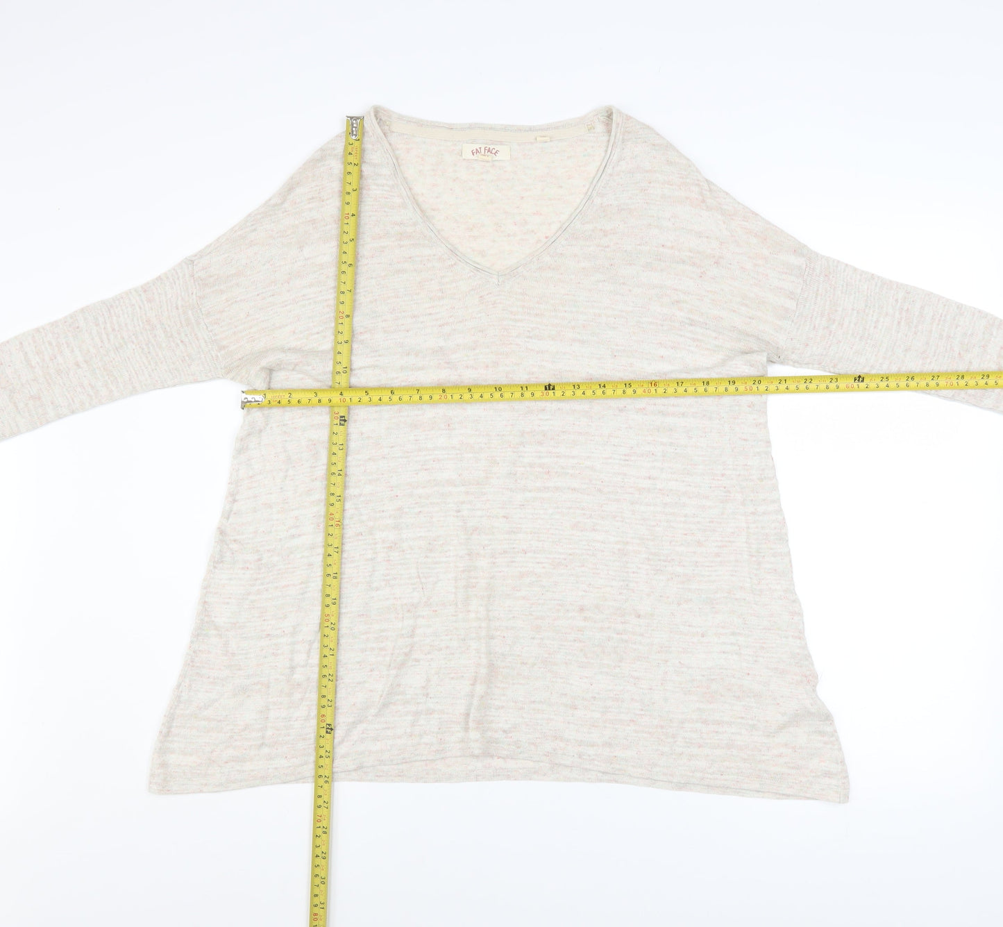Fat Face Women's Beige V-Neck Long Sleeve Cotton Blend Pullover Jumper Size 8