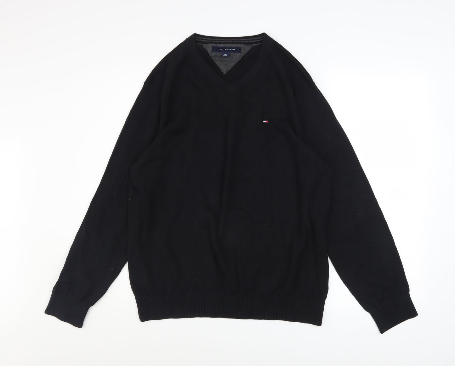 Tommy Hilfiger Men's Black Cotton V-Neck Jumper Size L