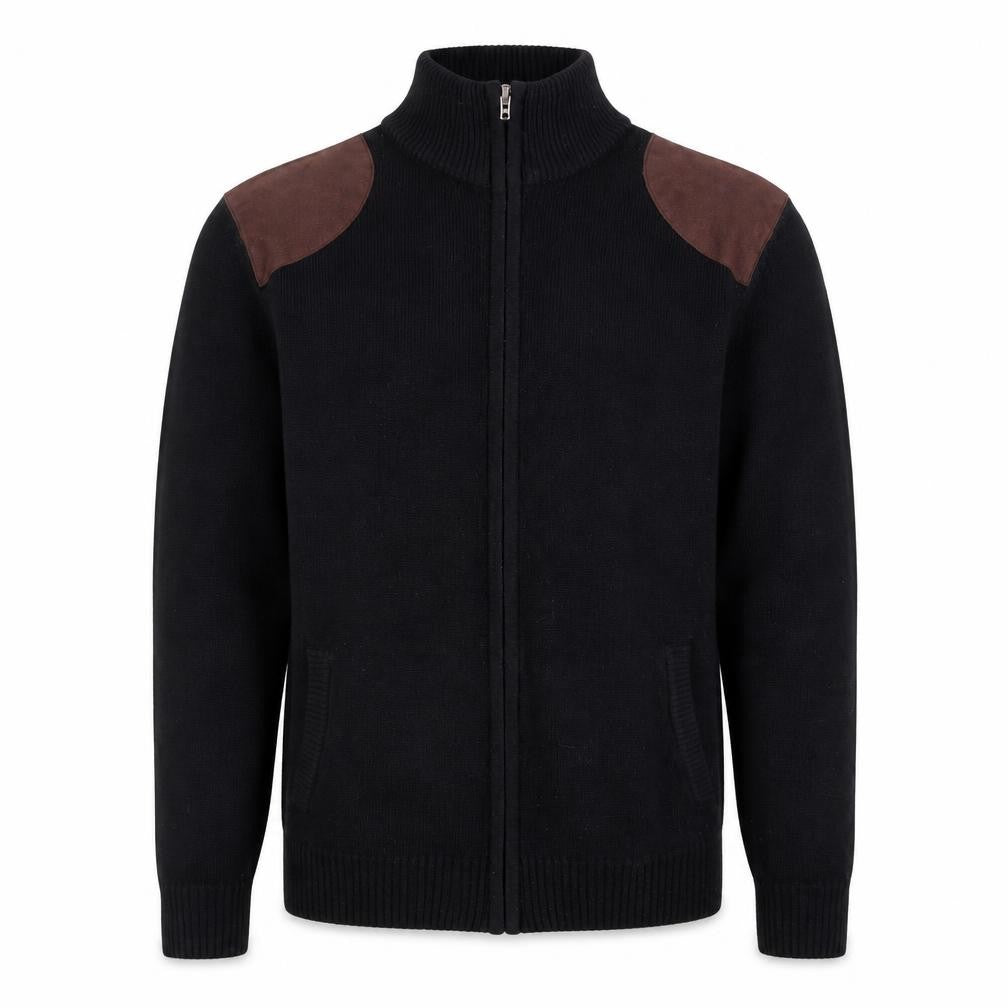 Valorwang Men's Black Knit Full Zip Jacket M with Brown Patches