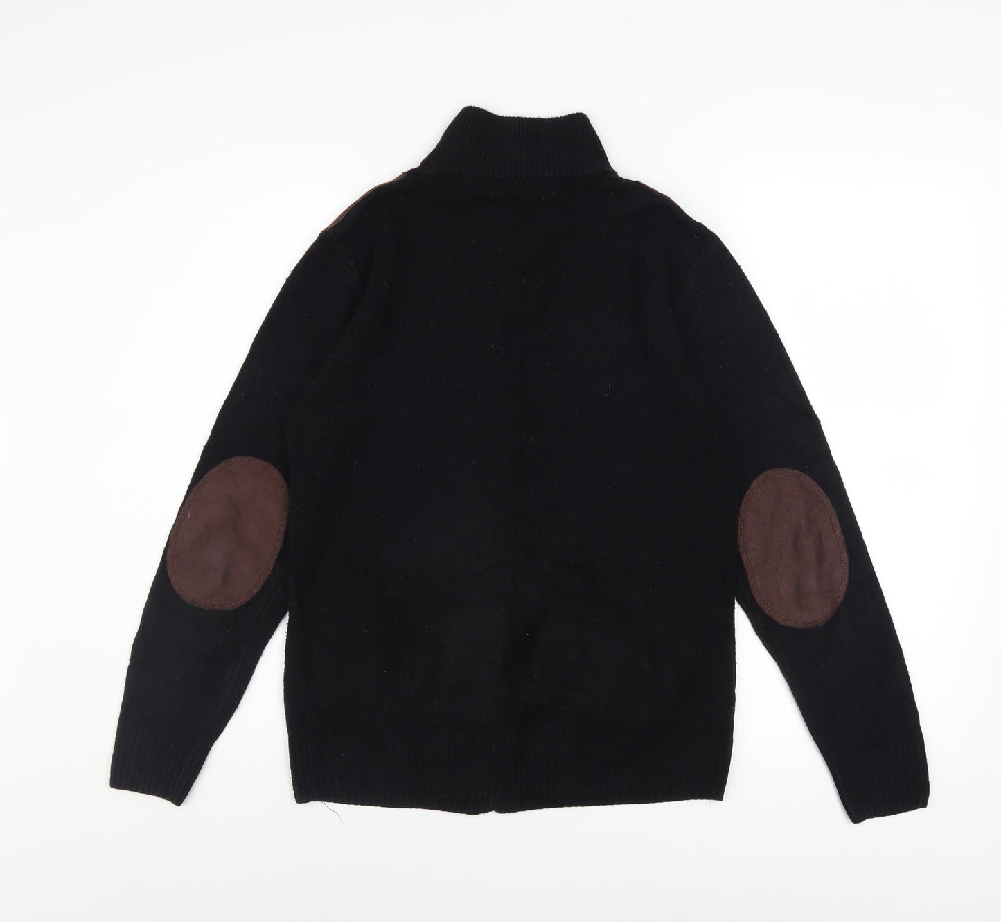 Valorwang Men's Black Knit Full Zip Jacket M with Brown Patches