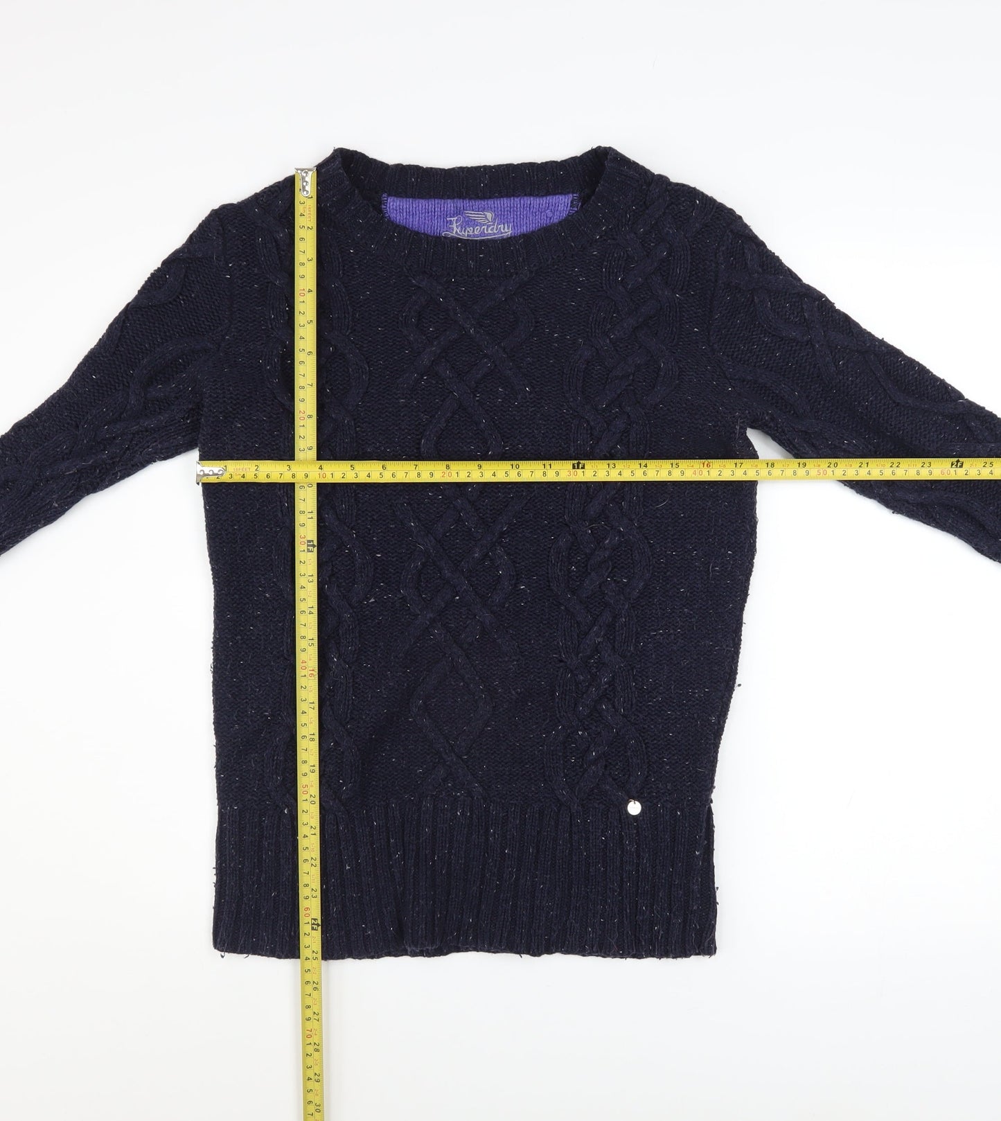 Superdry Women's Blue Cable Knit Wool Crew Neck Jumper Size M