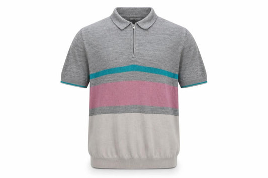 Tu Men's Grey Multicoloured Striped Short Sleeve Knit Polo Shirt M