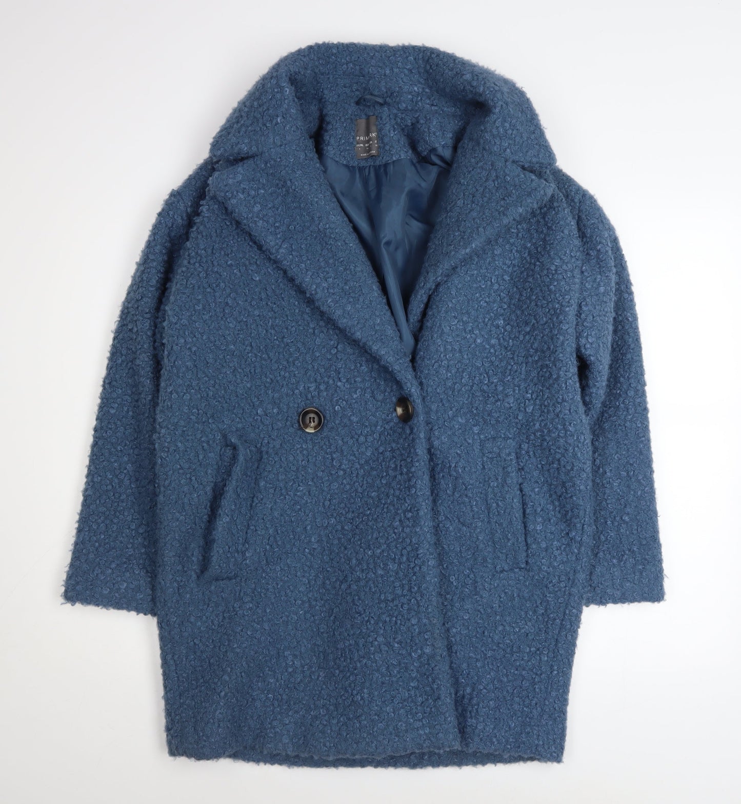Primark Women Blue Mid-Length Overcoat Size 6 Polyester Lined Button