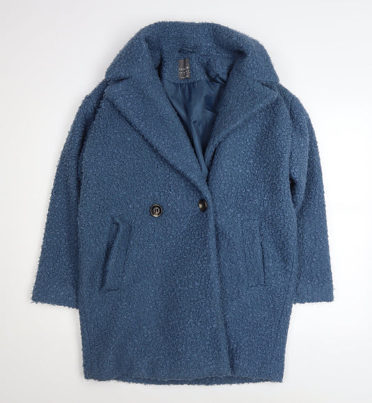 Primark Women Blue Mid-Length Overcoat Size 6 Polyester Lined Button