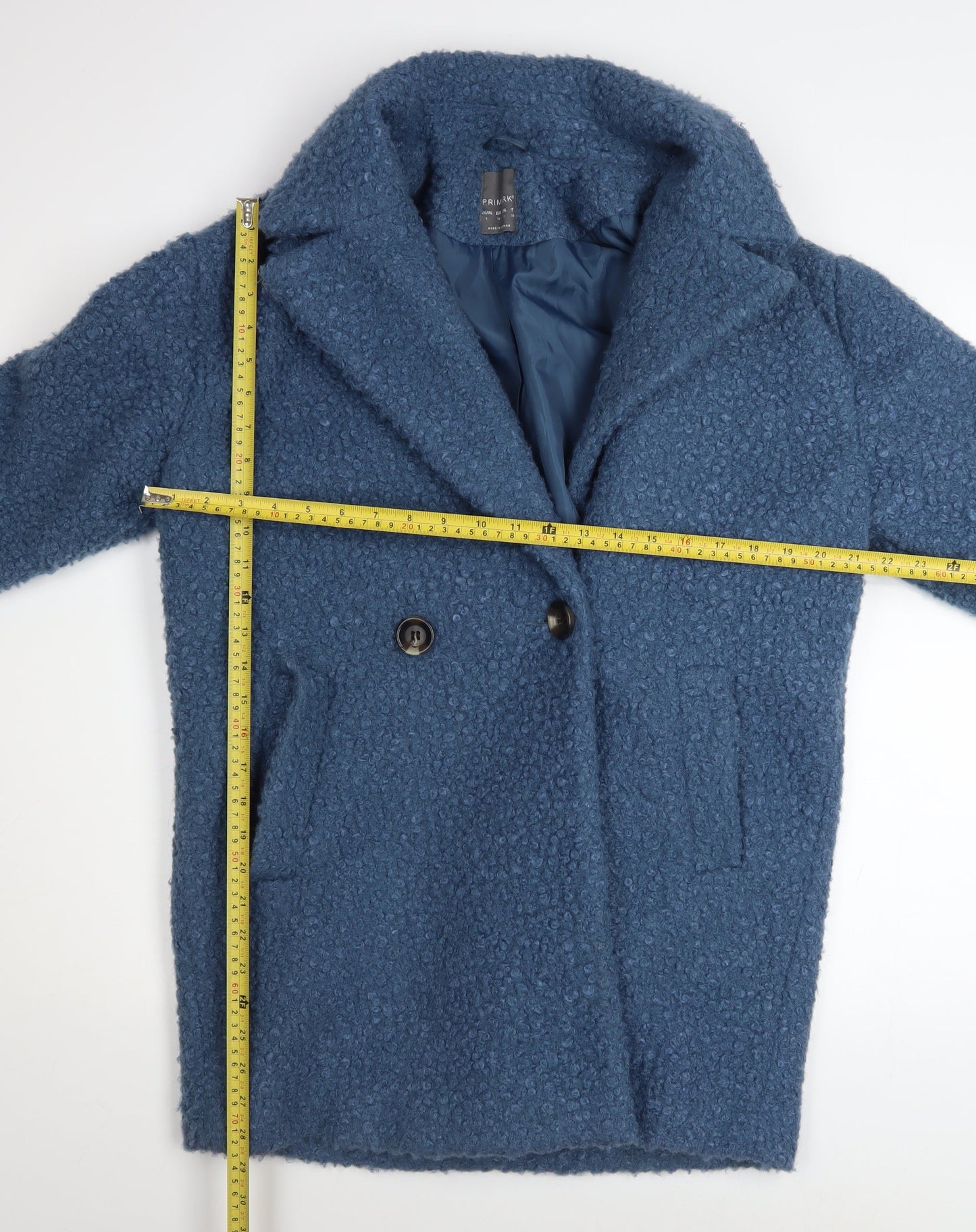 Primark Women Blue Mid-Length Overcoat Size 6 Polyester Lined Button