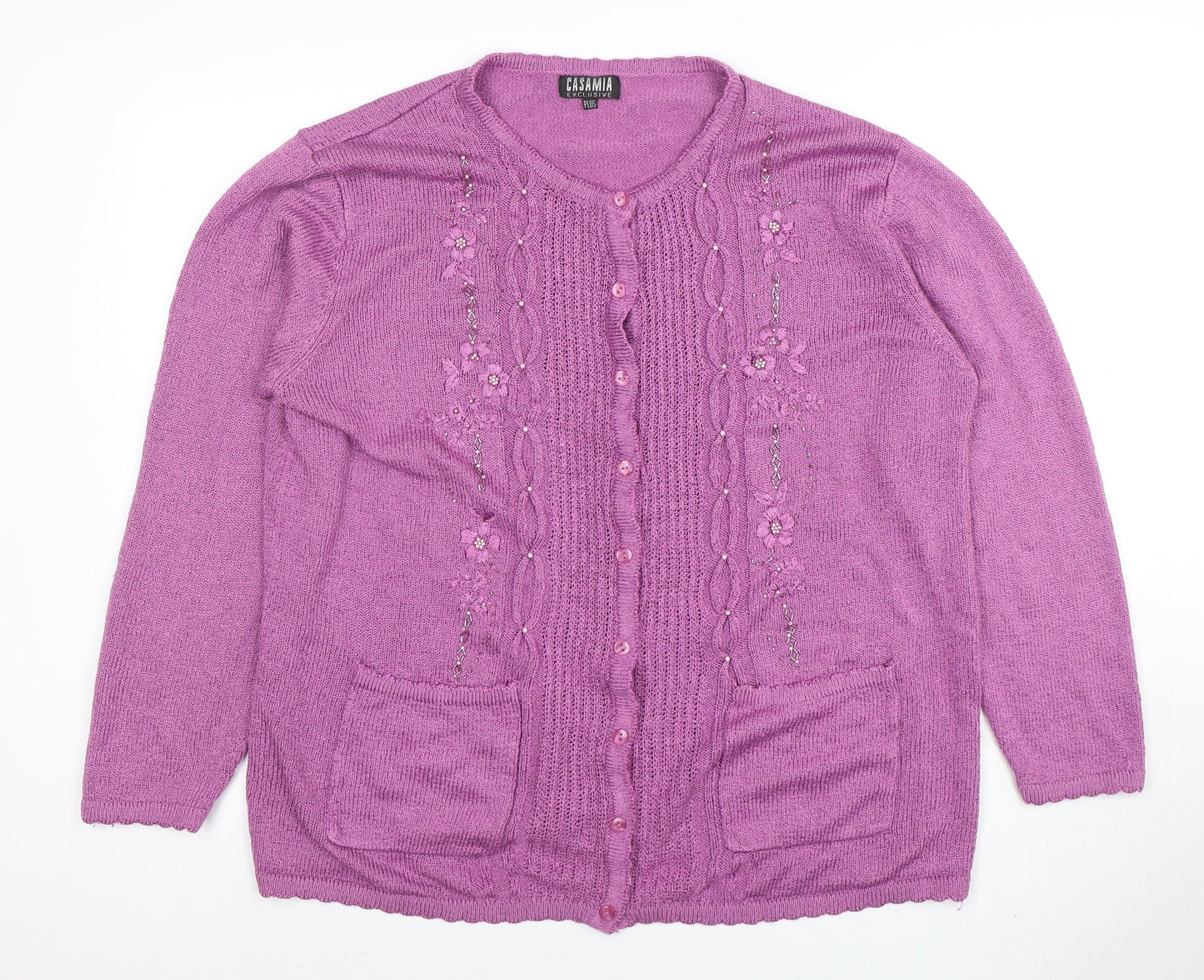 Casamia Women’s Purple Plus Size Knit Cardigan with Floral Embroidery