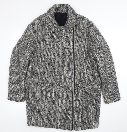 Topshop Women Grey Wool Blend Zip Long Tweed Overcoat UK 10