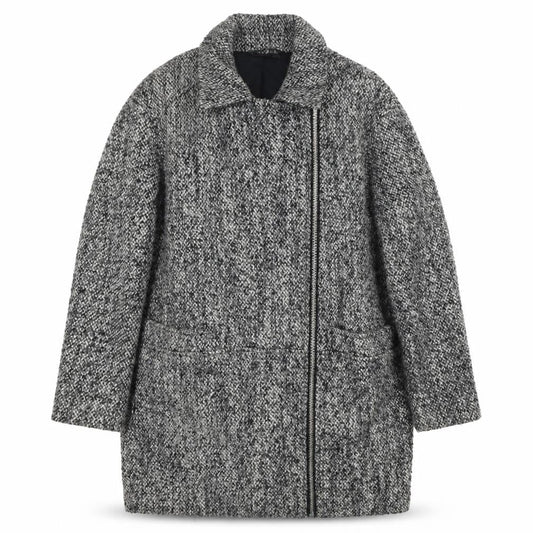 Topshop Women Grey Wool Blend Zip Long Tweed Overcoat UK 10