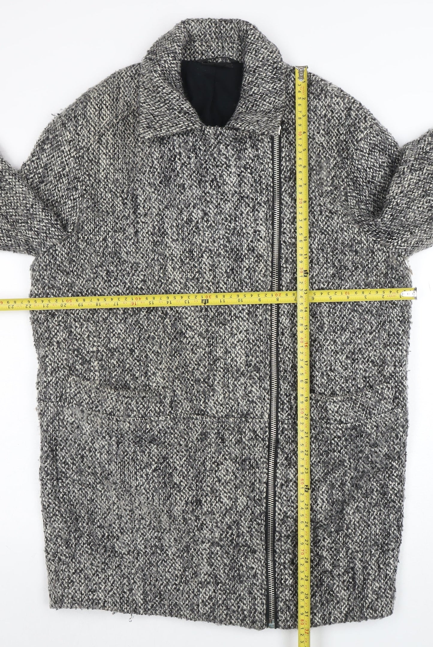 Topshop Women Grey Wool Blend Zip Long Tweed Overcoat UK 10