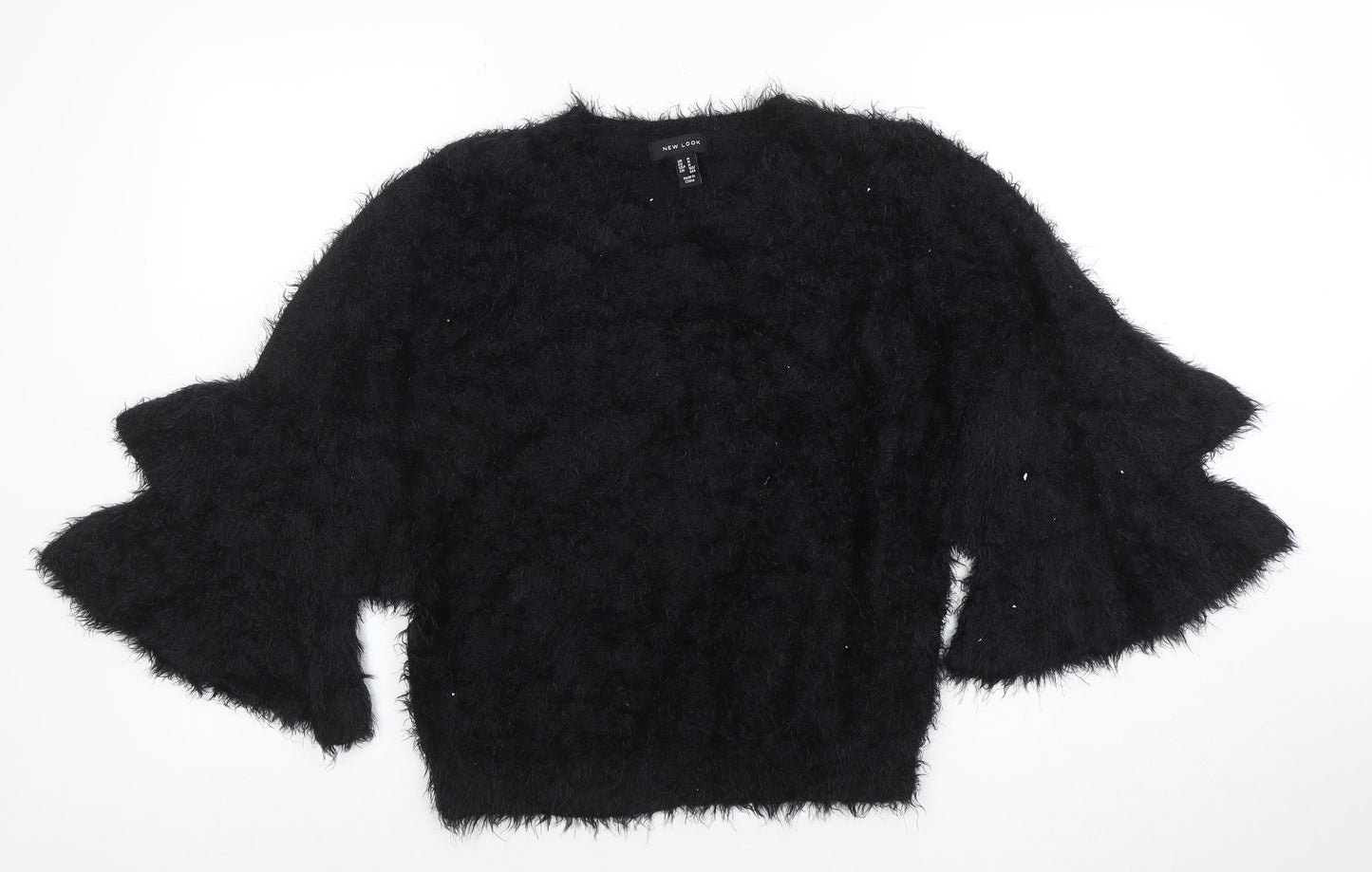 New Look Women's Black Flared Sleeve Fuzzy Pullover Jumper Size M