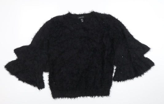New Look Women's Black Flared Sleeve Fuzzy Pullover Jumper Size M