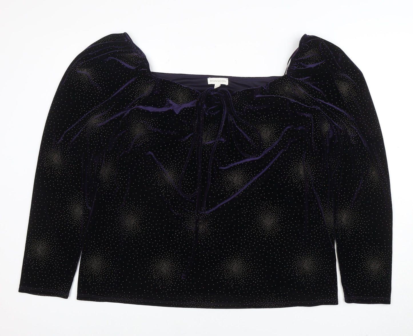 Monsoon Womens Purple Velvet Glitter Blouse 2XL Long Sleeve Square Neck