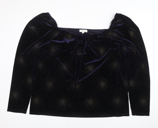 Monsoon Womens Purple Velvet Glitter Blouse 2XL Long Sleeve Square Neck