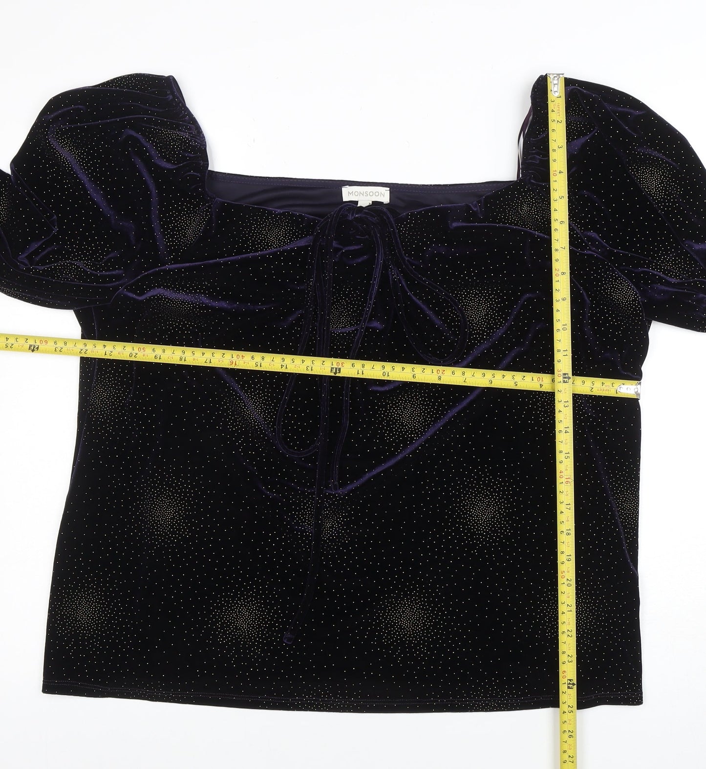 Monsoon Womens Purple Velvet Glitter Blouse 2XL Long Sleeve Square Neck