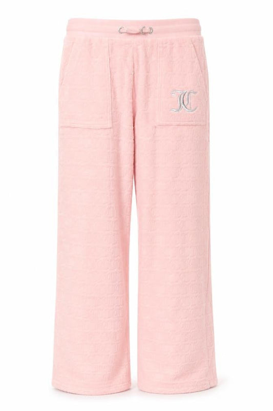 Front view of Juicy Couture girls’ pink velour sweatpants 10-11 years elastic waist