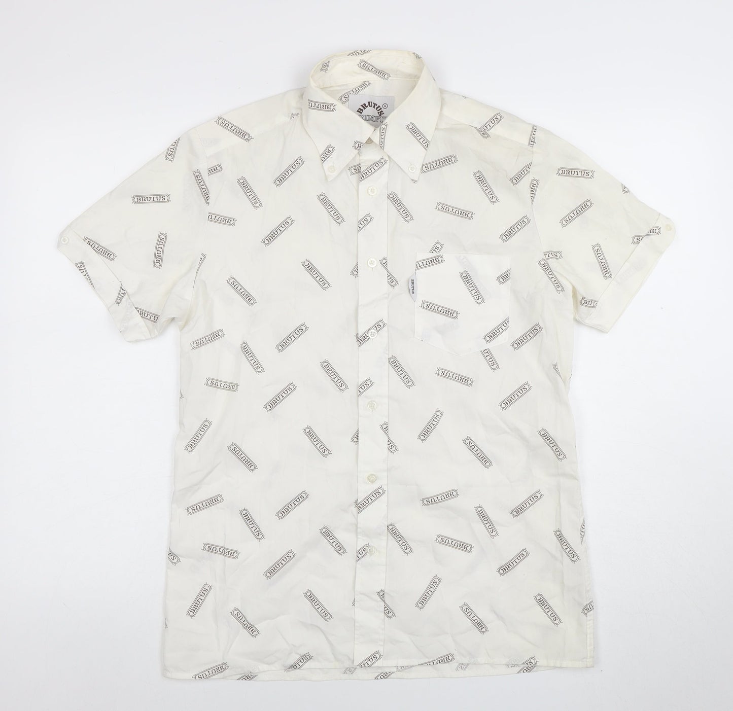 Brutus Men's White Short Sleeve Button-Up Shirt M Retro Graphic Print