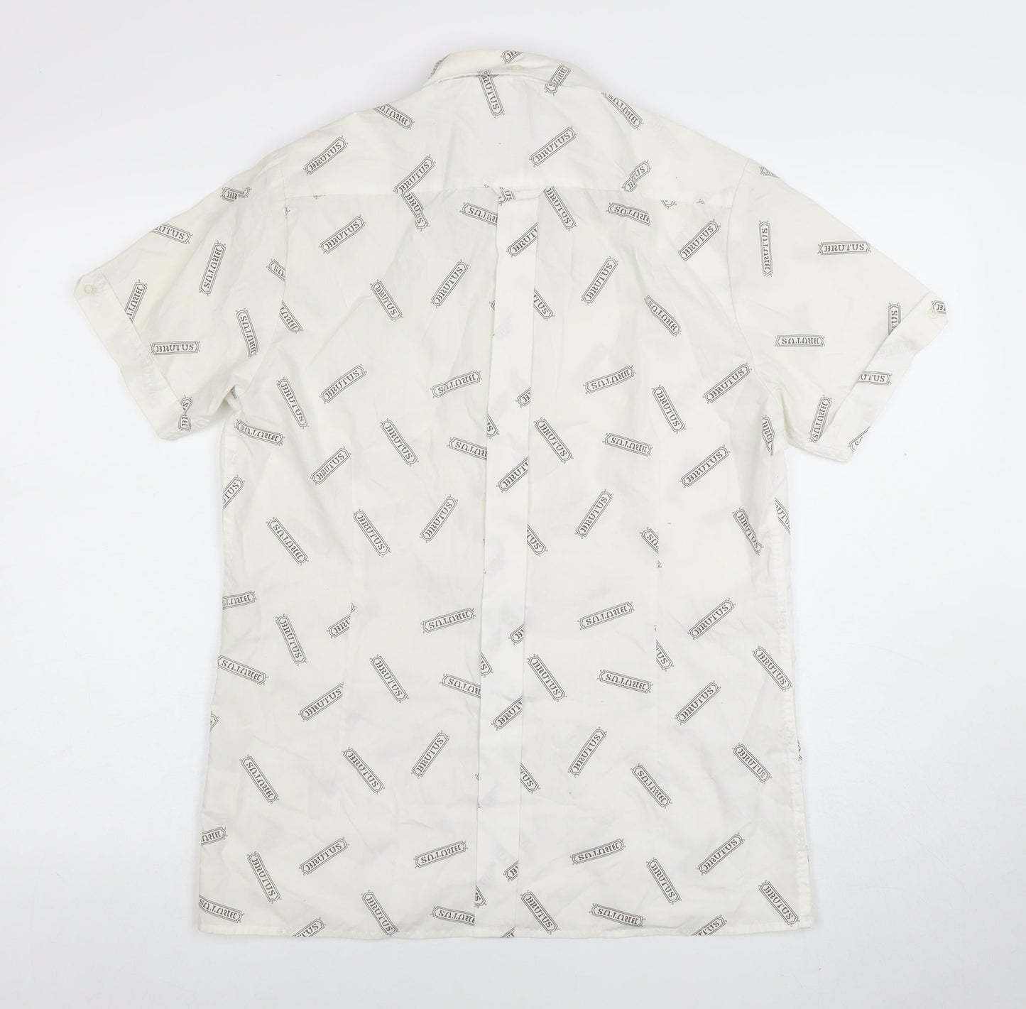 Brutus Men's White Short Sleeve Button-Up Shirt M Retro Graphic Print