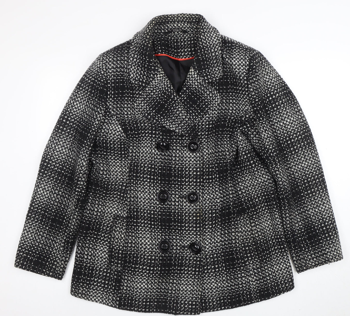 Classic Womens Black Check Tweed Pea Coat Size 16 Lined Mid-Length Jacket