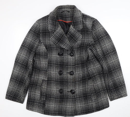 Classic Womens Black Check Tweed Pea Coat Size 16 Lined Mid-Length Jacket
