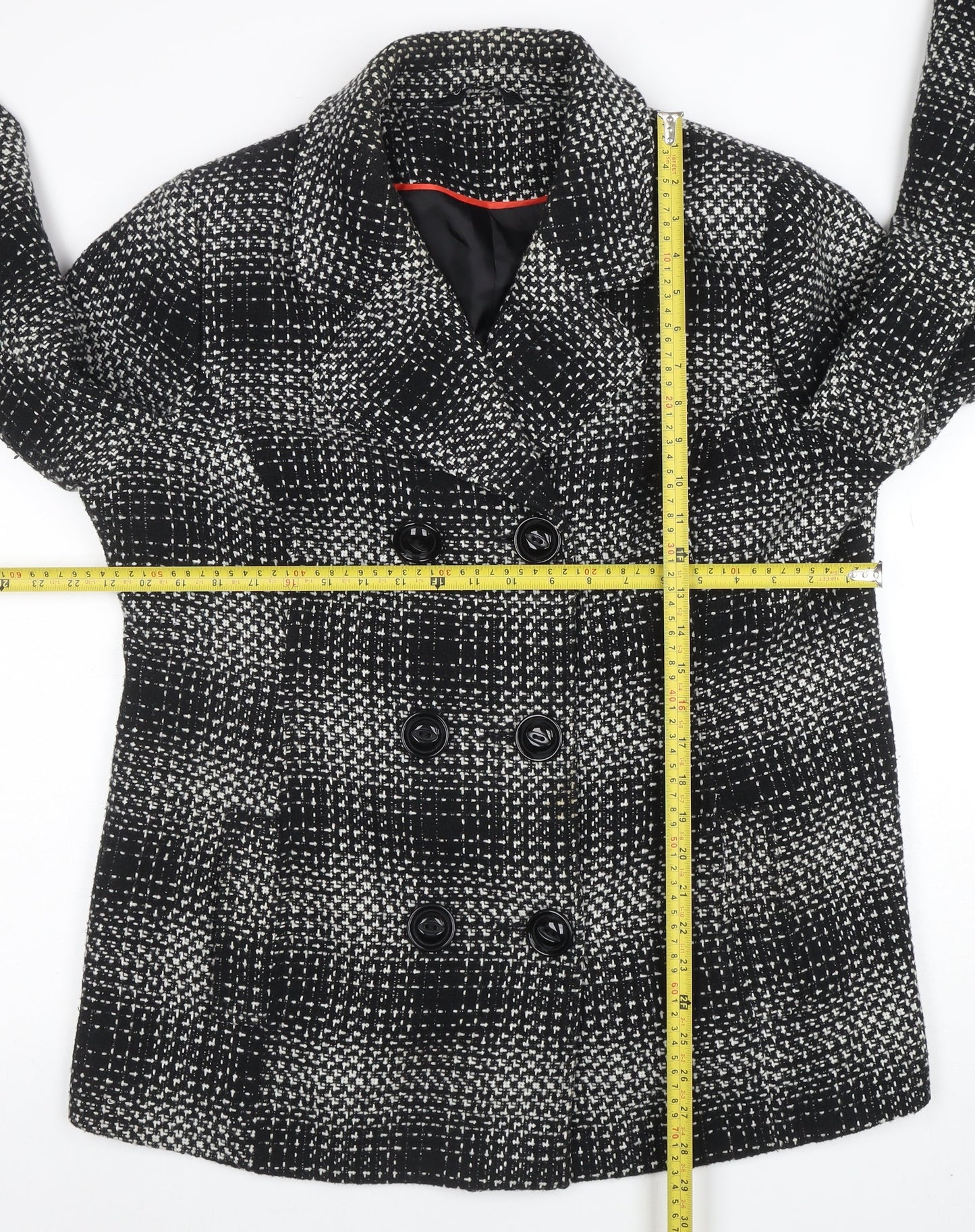 Classic Womens Black Check Tweed Pea Coat Size 16 Lined Mid-Length Jacket