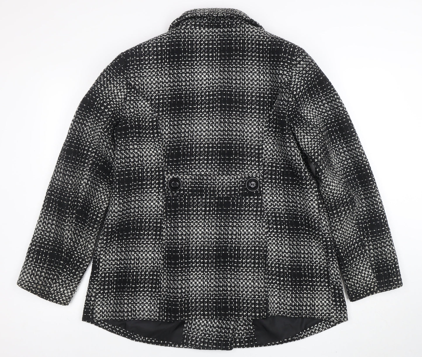 Classic Womens Black Check Tweed Pea Coat Size 16 Lined Mid-Length Jacket