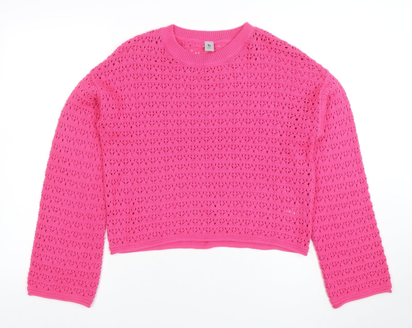 Tu Girls Pink Crochet Knit Jumper 13 Years Cotton Acrylic Crew Neck