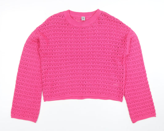 Tu Girls Pink Crochet Knit Jumper 13 Years Cotton Acrylic Crew Neck