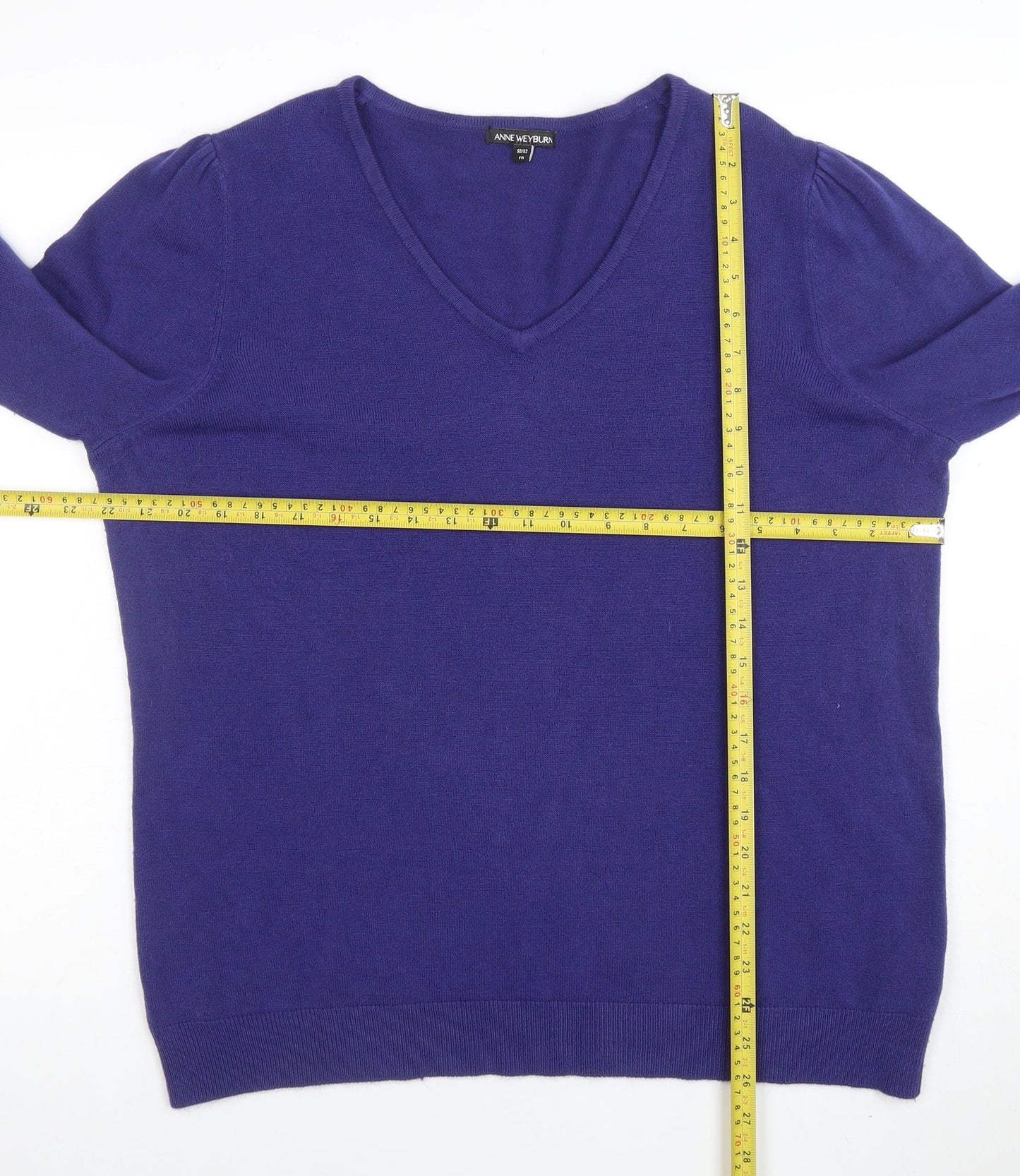 Anne Weyburn Women Purple V-Neck Cotton Cashmere Jumper Size 24